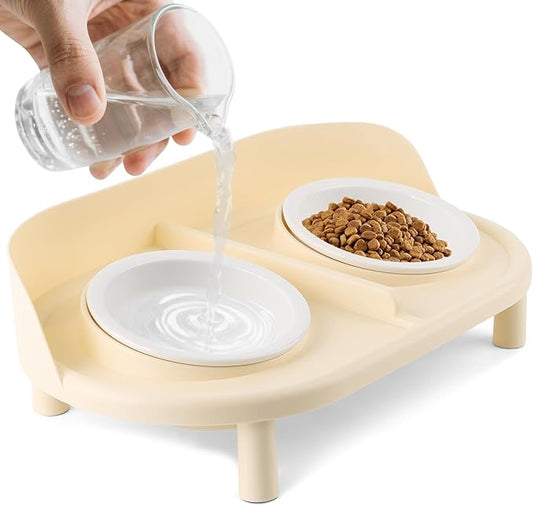 Elevated Cat Bowls, Tilted Rised Cat Food and Water Bowl with 2 Pcs Ceramic Pet Bowls, Rised Stand, Pet Dish Anti Vomiting Feeding Station for All Sized Cats & Small Dogs (Milk Coffee)