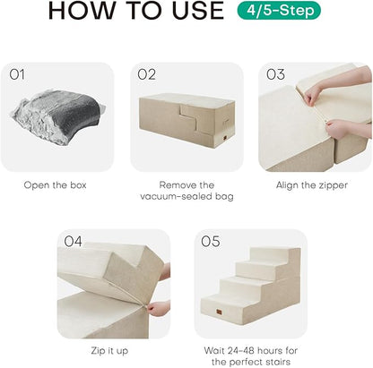 Dog Stairs for High Bed, Dog Steps for Bed Couch Sofa, 35D Foam Extra Wide Pet Steps for Small Dogs and Cats, Pet Stairs with Non-Slip Bottom Beige, 5 Steps