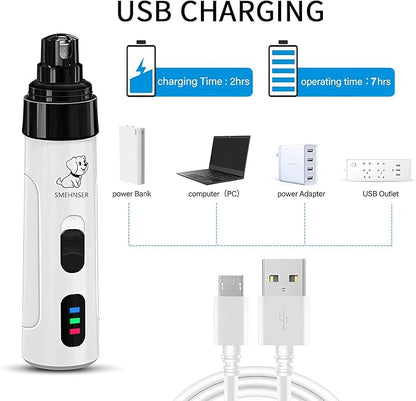 Electric Dog Nail Grinder - USB Rechargeable Electric Nail Trimmer with 3 Diamond Grinding Heads for Small to Large Dogs & Cats