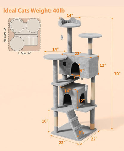 70'' Cat tree Tower for Indoor Cats Large Adult,Cute/Tall Modern Cat Tree for Big Cats 20 lbs,Plush Multi-Level Cat Condo with Scratching Posts,Dangling Ball for fun play(Light Gray, 70 inch)