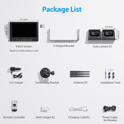 2 Magnetic Solar Wireless Backup Camera HD 1080P 9" DVR Monitor, Solar Rechargeable RV Backup Cameras Wireless System for Hitching Gooseneck Horse Trailer Fifth Wheels RVs Trucks BL902