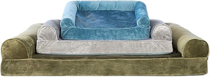 Furhaven Orthopedic Dog Bed for Large/Medium Dogs w/ Removable Bolsters & Washable Cover, For Dogs Up to 55 lbs - Faux Fur & Velvet Sofa - Dark Sage, Large