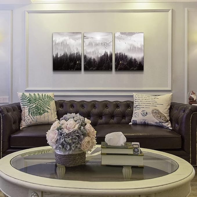 Framed Canvas Art - Boho Wall Decor Set of 3: Foggy Forest Trees Scenery for Living Room, Bedroom, Office, Farmhouse, Home Decoration