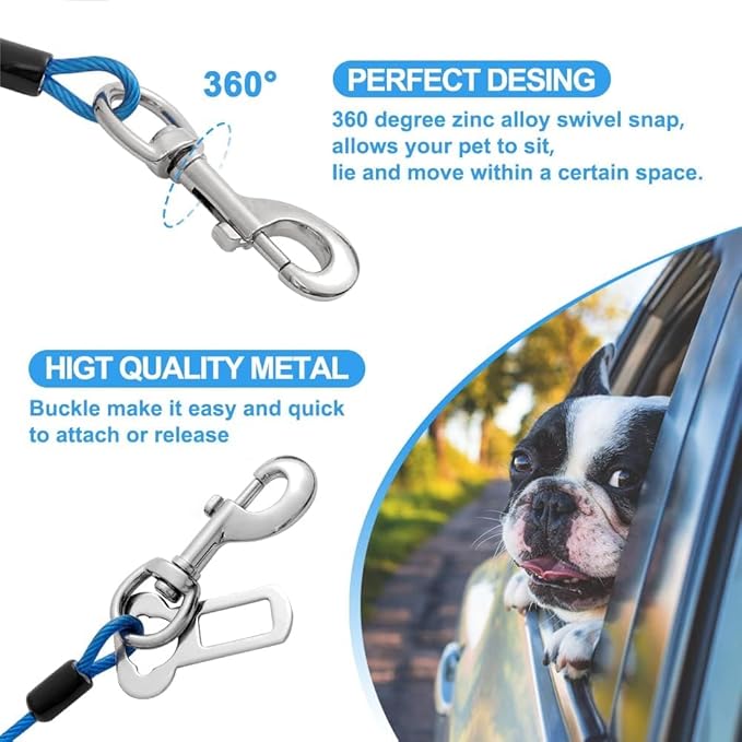 Dog Seat Belt Harness for Car,Dog Seatbelt of Coated Wire Leash Safety Restraint,No Chew Tether Cable Vehicle,Double Clips & Latch(Blue, 32 inch/80 CM)