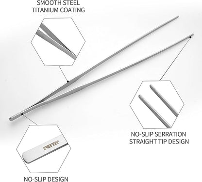 Aquarium Tweezers Extra Long 15 inches Feed Tong clamps - FEITA Straight and Curved Stainless Steel 38cm Tweezers Set for Fish Tank Plants Aquascape Tools & Reptile Feeding Tongs - Sliver 2Pcs