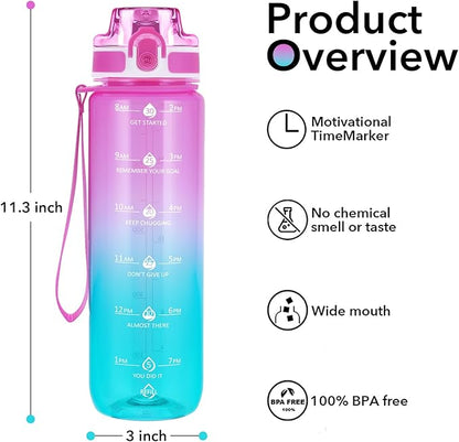 32oz Motivational Water Bottles with Time Marker & Fruit Strainer, Transparent Gradient Color Water Bottle with Times to Drink, Leakproof & BPA Free, Reusable Bottle with Strap (No Straw)