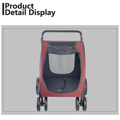 Extra Large Dog Stroller for Medium & Large Pets - Foldable Design, Adjustable Handle, Up to 130 lbs(Red)