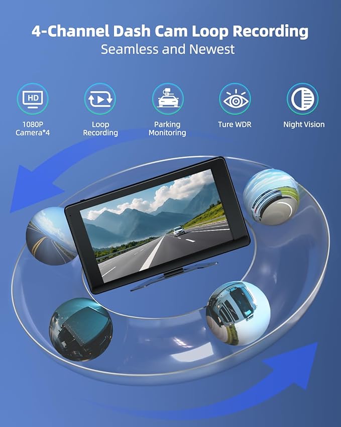 4 Channel 1080p HD Backup Camera System with 10.2" Touchscreen Monitor, DVR Recording/Playback, Bluetooth, FM Radio & Media Player for Trucks, Semis, RVs, Trailers, Vans, SUVs, Cars