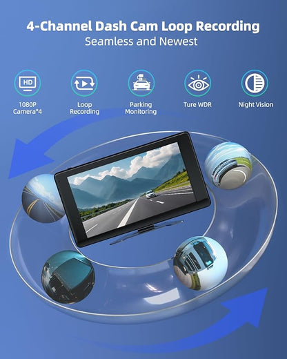 4 Channel 1080p HD Backup Camera System with 10.2" Touchscreen Monitor, DVR Recording/Playback, Bluetooth, FM Radio & Media Player for Trucks, Semis, RVs, Trailers, Vans, SUVs, Cars