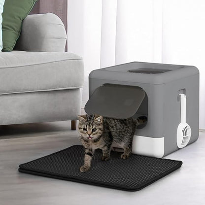 Foldable Cat Litter Box w/Lid, Scoop & Mat, Drawer Design Cat Toilet for Kitten, Two-Way Entry Kitty Litter Box, Odor Control & Easy to Clean, Dark Grey