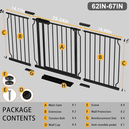 Fairy Baby Extra Wide Baby Gate Black 62-67 Inch Wide, Walk Through Pressure Mounted No Drill, Long and Large Tension Gate for Pet and Kids