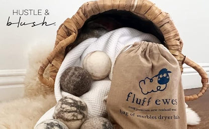 Fluff Ewes Wool Dryer Balls 6 Pack Premium New Zealand Wool Laundry Balls for Dryer, No Static Dryer Balls Laundry Reusable Cute, XL Wool Dryer Balls Cute, Baby Dryer Balls for Dryers - Marble