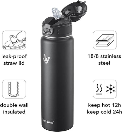 Enerbone 32 oz Insulated Water Bottle, Stainless Steel Bottle with Carrying Strap, Double-Wall Vacuum Insulation Design, Leakproof Sports Bottle with Straw, Keep Drinks Cold or Hot for Hours