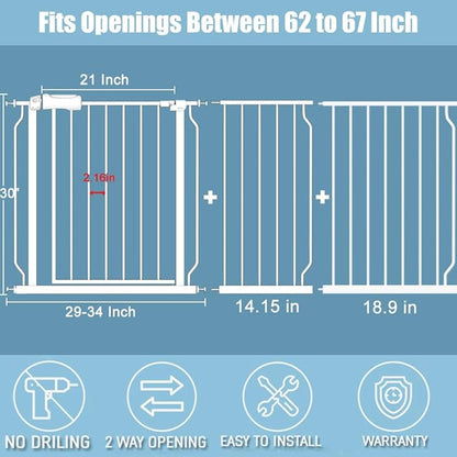 Extra Wide Long Baby Gates 62-67 Inch Stairs Doorways Pet Dog gate Indoor Outdoor Pressure Mount No Drill Walk Through Safety Child Gate