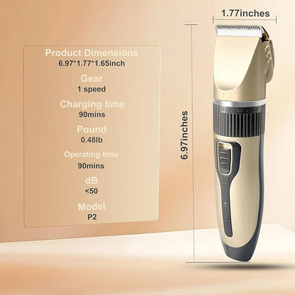 Dog Pet Grooming Kit Low Noise - Cordless Rechargeable Clippers for Dogs/Cats - Upgraded Accessory Version with Two Scissors and a Storage Bag (Gold)