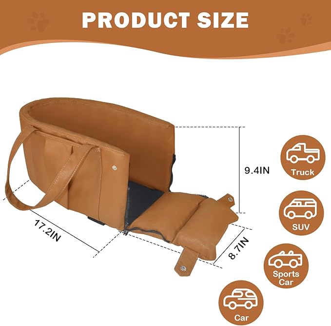 2 and 1 Center Console Dog Car Seat & Carrier for Small Dogs, Large Leather Dog Car Bed with Storage Pocket, Waterproof PVC Leather Seat Travel Bed for Front & Back Seat, Clip-On Safety Leash
