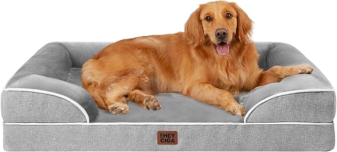 EHEYCIGA Orthopedic Dog Beds for Large Dogs, Waterproof Memory Foam Large Dog Bed with Sides, Non-Slip Bottom and Egg-Crate Foam Pet Couch Bed with Washable Removable Cover, Grey