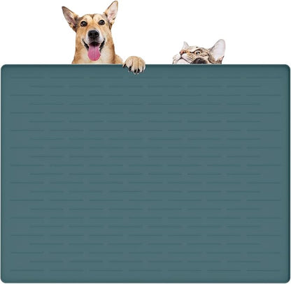32" x 24" Large Pet Food Mat, Silicone Dog Mats for Food and Water, Nonslip Pet Feeding Mats for Floors,Dog Cat Bowl Mat with Raised Edges, Dark Green