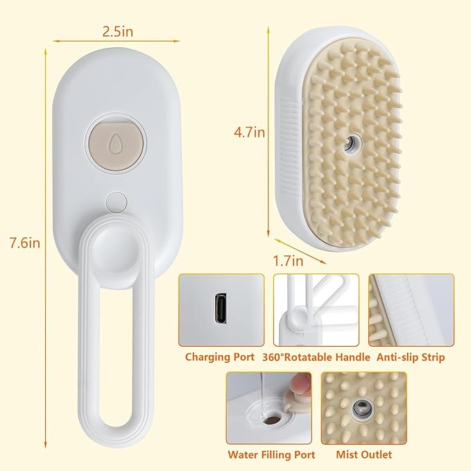 4 in 1 Cat Steam Brush Rechargeable pet spray comb Steam Brush for Cats and Dogs, Massage, Cleaning, Shedding & Combing Multifunctional Hair Removal Anti Static Grooming Tool for home (White)