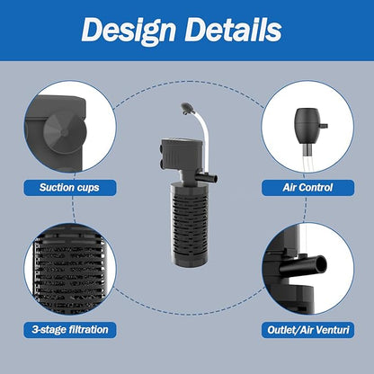AquaMiracle True 4-Stage Fish Tank Filter, In-tank Submersible Aquarium Filter Internal Fish Filter with Aeration, for 10-40 Gallon Aquariums