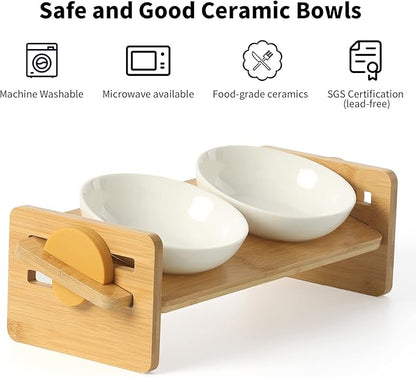FUKUMARU Elevated Cat Ceramic Bowls, Small Dog 15° Tilted Raised Food Feeding Dishes, Solid Bamboo Water Stand Feeder Set for Cats and Puppy