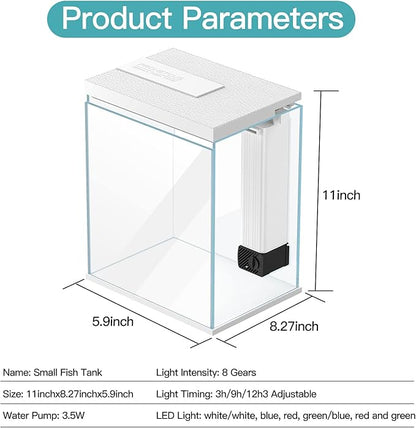 2 Gallon Glass Betta Fish Tank with Heater Filter and Light, Self-Cleaning Small Fish Tank Starter Kits.