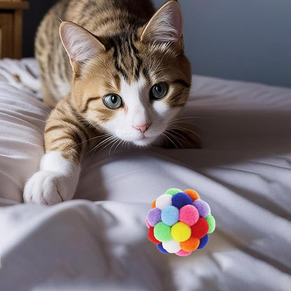 9PCS Cat Toy Balls, 1,75'' Soft Pom Pom Ball for Kittens, Colorful Soft Fuzzy Balls Built-in Bell for Cats, Interactive Playing Chewing Toys for Indoor Cats and Kittens, Cute Kitten Kitty Toys