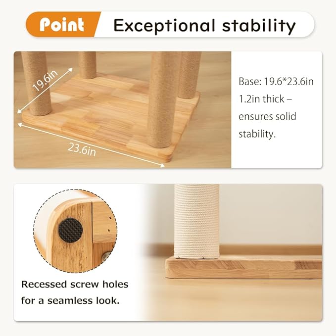 74" Wooden Cat Tree Tower for Large Cats, Multi-Level Cat Climbing Furniture with Scratching Posts, Cat Condo & Hammock, Natural Wood Cat Activity Center(Brown)