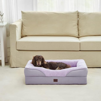 EHEYCIGA Memory Foam Dog Bed for Large Sized, Orthopedic Dog Sofa with Sides and Waterproof Liner, Washable Bolster Pet Couch with Removable Cover, 41x27x7.5 Inch, Purple