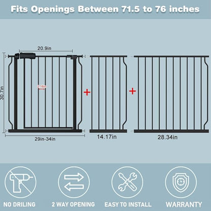 Extra Wide Baby Gate 71.6-76.37 Inch Black, Walk Through Pressure Mounted No Drill Long Large Tension Metal Gate for Dog and Toddler