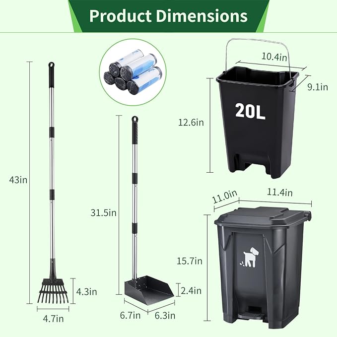 Dog Pooper Scooper, Dog Poop Trash Can Set with Removable Inner Bucket, Long Handle Rake, 150 Waste Bags, Easy Pick Up Poop Scooper, 20L Dog Poop Trash Bin for Small/Large Dog Families