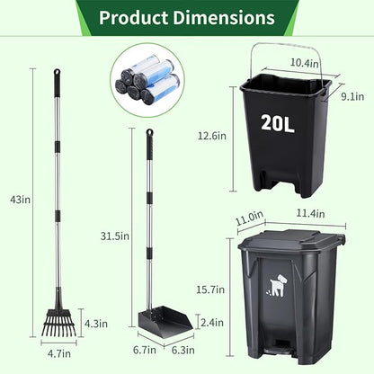Dog Pooper Scooper, Dog Poop Trash Can Set with Removable Inner Bucket, Long Handle Rake, 150 Waste Bags, Easy Pick Up Poop Scooper, 20L Dog Poop Trash Bin for Small/Large Dog Families
