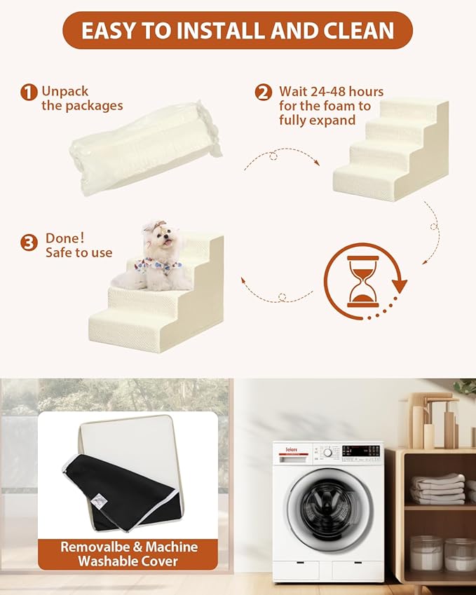 Dog Stairs for Small Dogs,17.5" H,4-Step Dog Steps for High Bed Couch and Sofa,Pet Stairs for Dogs and Cats Climbing with Non-Slip Bottom and Washable Cover,Beige