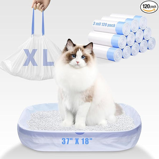 120 Pack Jumbo Cat Litter Bags-3MIL Extra Thick Leakproof Litter Box Liners, 37"x18" Heavy Duty Drawstring Cat Litter Liners for Automatic Litter Box, Odor Control Disposable Kitty Litter Bags 12 Roll