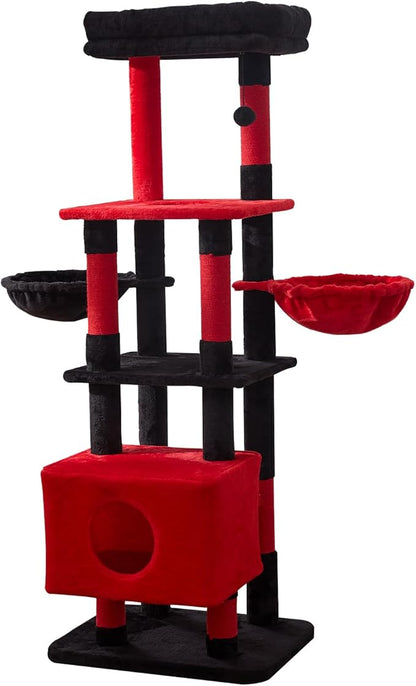 Gardner Pet 65in Heavy Duty Cat Tree Tower for Large Cats, Multi-Level Cat Furniture with Replaceable Sisal Scratching Post, Hammock | Extra-Large Platform & Condo (Black Red, Basic φ:2.84")