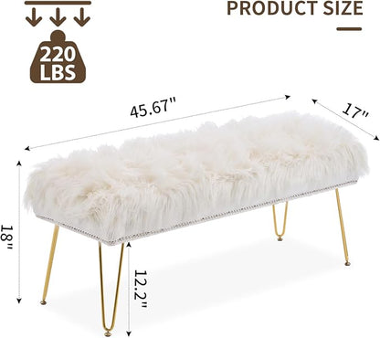 46 Inch White Bedroom Bench, Benches for Bedroom White Faux Fur Upholstered Bed end Bench, Tufting Ottoman Bench Indoor Bench with Metal Legs for Living Room Bedroom Entryway, White