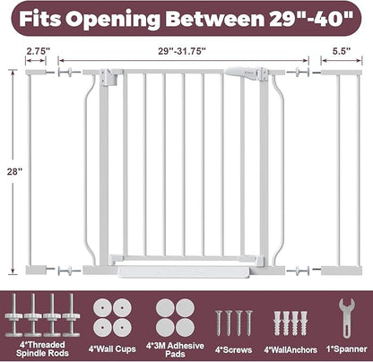 29"-40" Baby Gate for Stairs, Auto Close Stroller Friendly Dog Gate Indoor for Doorways, Pressure Mounted Baby Gate, Easy Walk Through Gate for Children & Pets, White