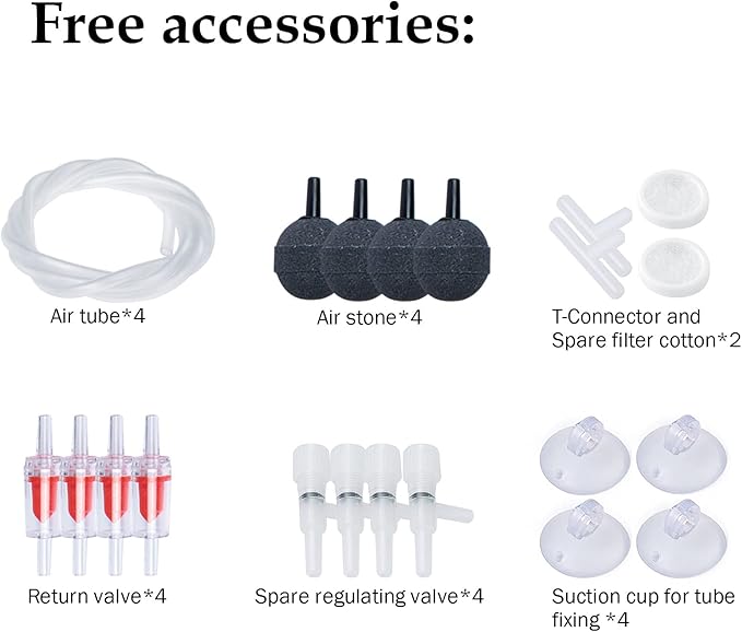 FEDOUR 4W/5W/8W Aquarium Corded Electric Air Pump, 96GPH/160GPH/256GPH Dual Outlets 4 Outlets Oxygen Pump, Ultra Quiet Aquarium Bubbler for up to 300 Gallon Fish and Turtle Tank