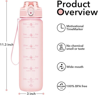 32oz Motivational Water Bottles with Time Marker & Fruit Strainer, Transparent Gradient Color Water Bottle with Times to Drink, Leakproof & BPA Free, Reusable Bottle with Strap (No Straw)