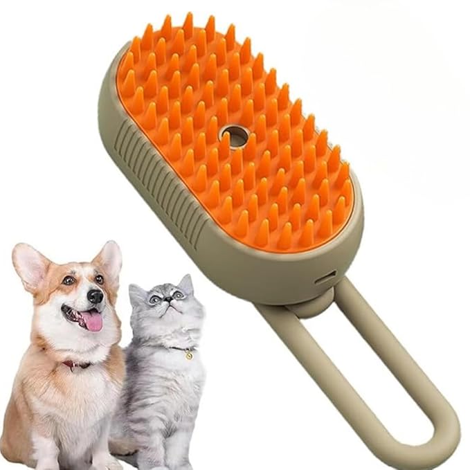 4-in-1 Cat Grooming Brush – Water Spray & Self-Cleaning Shedding Brush for Cats & Dogs – Pet Hair Removal & Massage Comb for Long & Short Hair (beige).