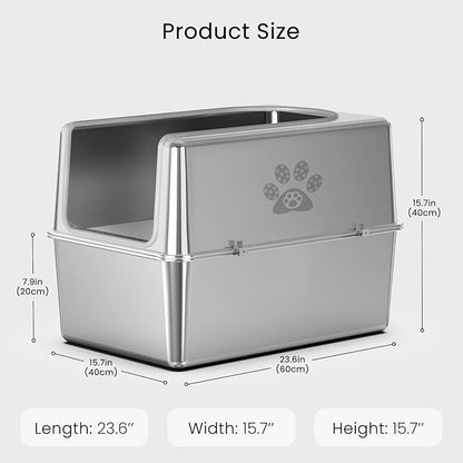 Enclosed Stainless Steel Cat Litter Box with Lid, XL Metal Litter Box for Big Cats, Extra Large Cat Toilet with High Side, Non-Stick, Anti-Leakage, Odorless, with Cats Litter Mat & Litter Scoop
