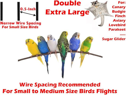 64" Extra Large Double Flight Bird Wrought Iron Double Cage Slide Out Center Divider Side Nesting Box Door Parrot Cage Cockatiel Conure with Removable Rolling Stand Storage Shelf