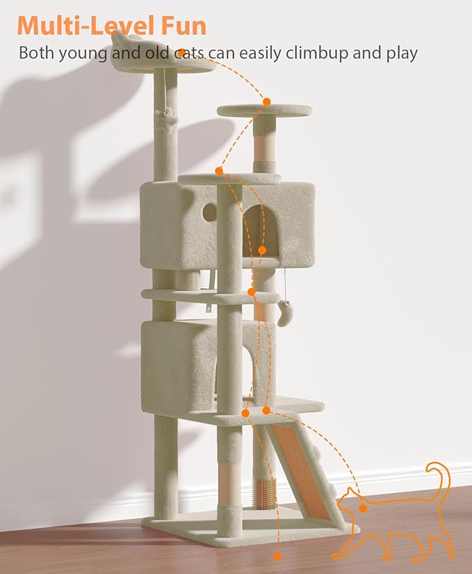 60'' Cat Tree Tower for Indoor Cats Large Adult,Cute/Tall Modern Cat Tree for Big Cats 20 lbs, Plush Multi-Level Cat Condo with Scratching Posts, Dangling Ball Indoor (Beige, 60 inch)