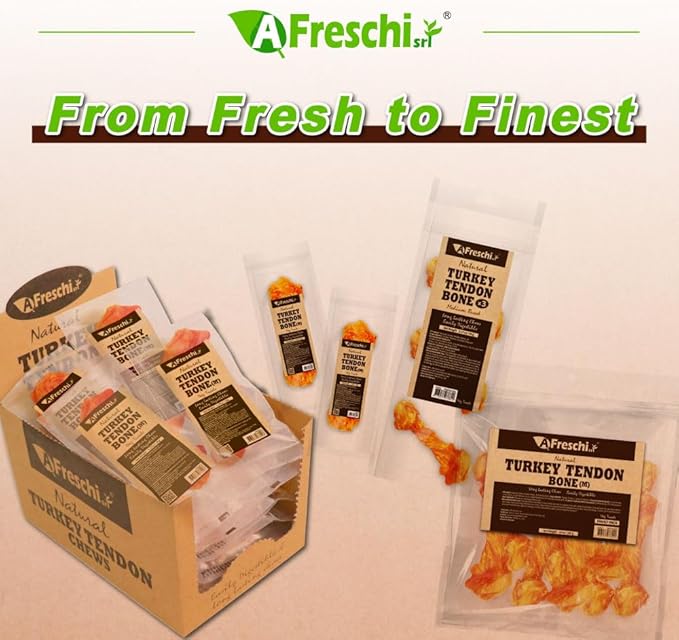 Afreschi Natural Turkey Tendon Bone (M) 20 Units/Box, Dog Treats for Signature Series, All Natural Human Grade Puppy Chew, USA-Sourced Turkey Tendon, Hypoallergenic, Rawhide Alternative