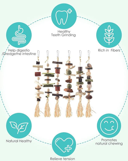 6PCS Bunny Chew Toys, Hamster Rabbit Cage Hanging Chew Toys, Natural Apple Wood Bunnies Treats, Improve Small Animal Teeth Health for Guinea Pig Chinchilla Ferret Rats Gerbil