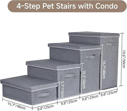 Dog Stairs with Storage, 4-Step Folding Pet Steps for Small Dogs and Cats, Pet Steps Storage with Zip, Pet Stairs for High Bed, Couch and Car Ramp (Gray, 4 Steps no Condo)