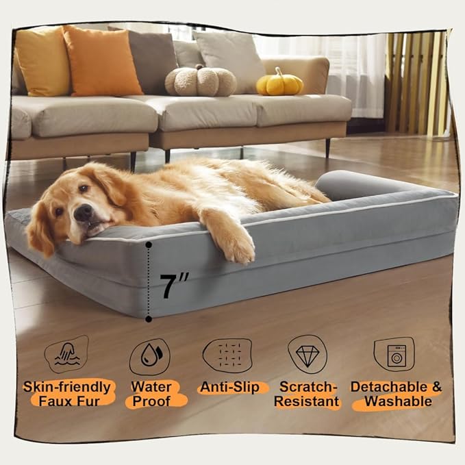 Extra Large Dog Bed-Orthopedic Waterproof XL Dog Bed for XLarge Extra Big Dogs - Foam Couch Sofa Washable with Removable Cover-Grey