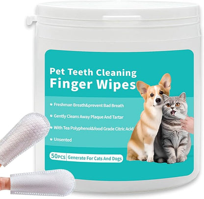 Dog Teeth Finger Wipes Cat Dental Finger Wipes, Puppy Teeth Cleaning Wipes, Pet Oral Care Pack of 50