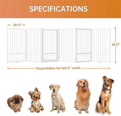 Full Metal Freestanding Dog Gate with Door, 36''Height Foldable Pet Dog Fence for Indoor & Outdoor, 6 Panels Extra Wide Free Standing TallDog Gates for Doorways,House,Stairs,Porch,Deck,Yard
