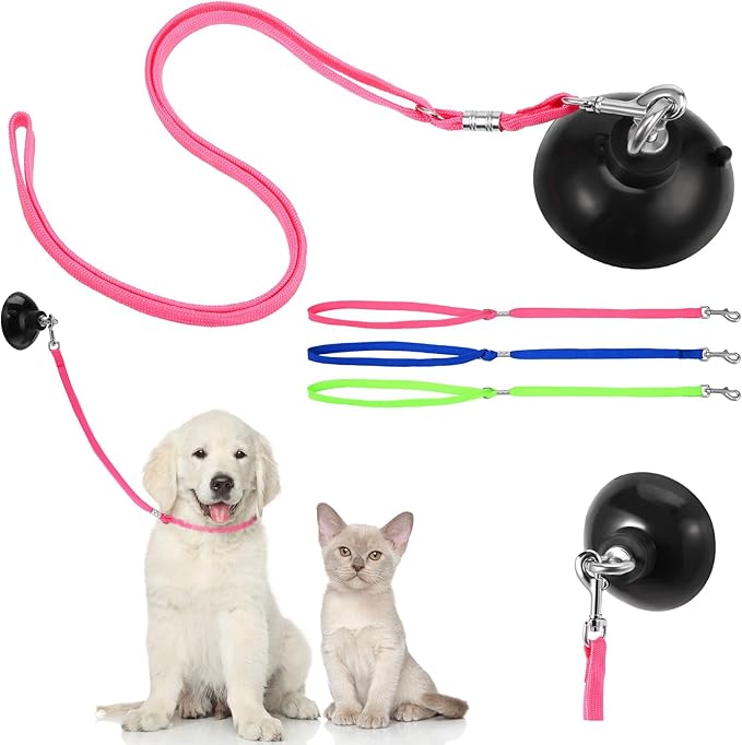 Frienda 4 Pieces Dog Bathing Tether with Suction Cup Pet Dog Grooming Tub Restraint Loops and Adjustable Cat Fixed Safety Rope for Pet Shower Bathing Grooming(Blue Pink Bright Green)